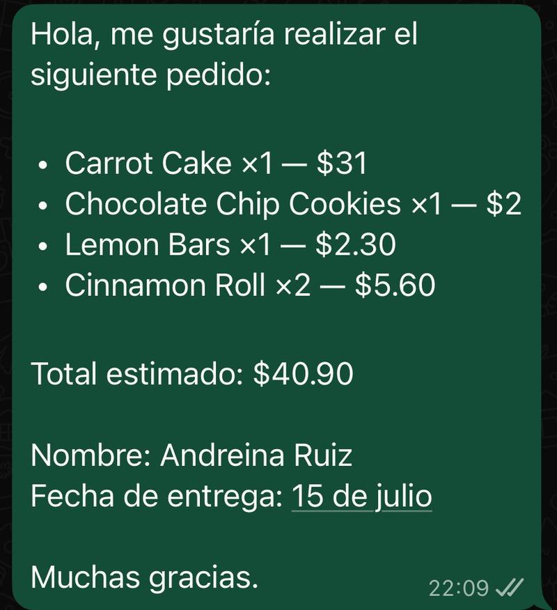 Mensaje de WhatsApp generado automáticamente con el pedido